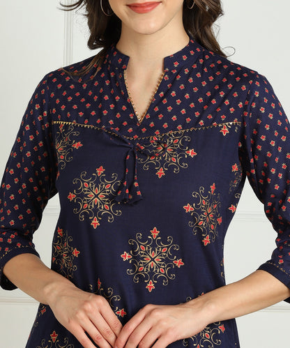Desi Girl Era: Navy and Rose Gold Glow Printed Kurta and Pant Duo