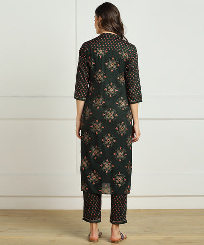 Ryon Slub Gold Print Gota Work Kurta Pant Set - Green