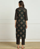 Ryon Slub Gold Print Gota Work Kurta Pant Set - Green