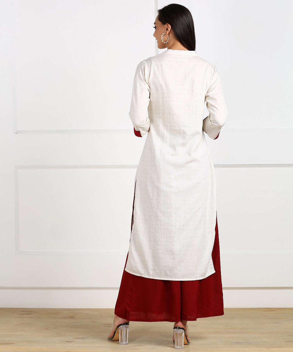 Cotton Linen Woven Striped Hand Embroidered Kurta - Beige/Maroon