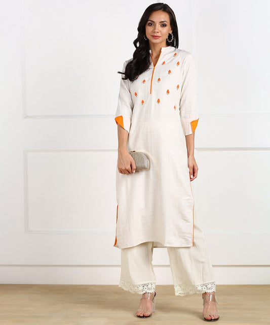 Cotton Linen Woven Striped Hand Embroidered Kurta - Beige/Orange