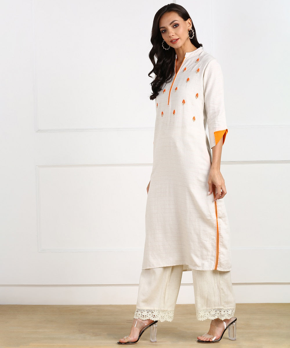 Cotton Linen Woven Striped Hand Embroidered Kurta - Beige/Orange