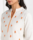 Cotton Linen Woven Striped Hand Embroidered Kurta - Beige/Orange