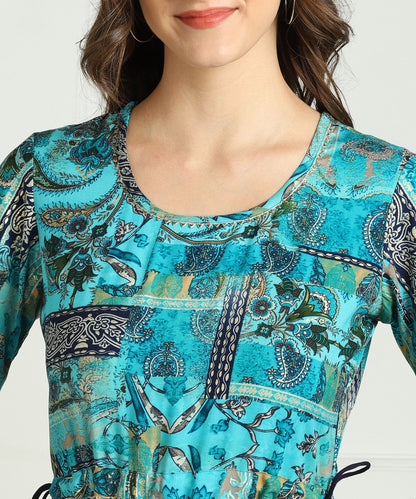 Premium Rayon Multi Ethnic Print Flared Kurta - Blue
