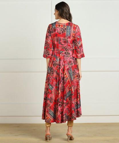 Premium Rayon Multi Ethnic Print Flared Kurta - Red