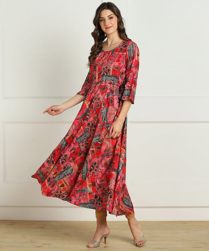 Premium Rayon Multi Ethnic Print Flared Kurta - Red