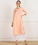 Cotton Self Woven Straight Kurta with HandWork - Orange