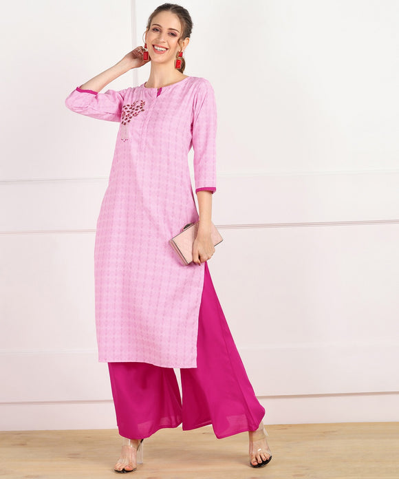 Cotton Self Woven Straight Kurta with HandWork - Pink