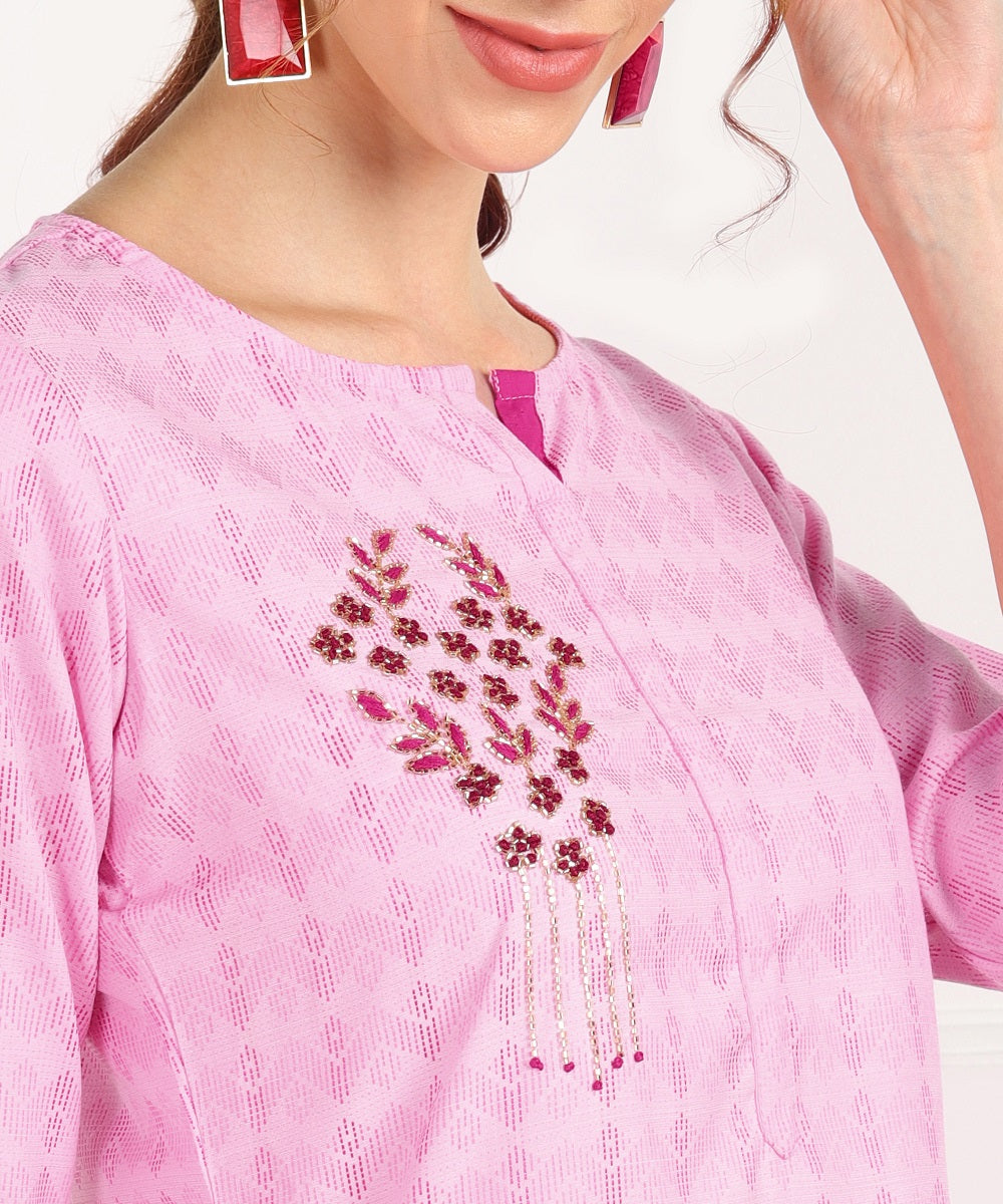 Cotton Self Woven Straight Kurta with HandWork - Pink
