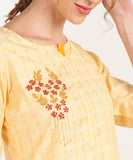 Cotton Self Woven Straight Kurta with HandWork - Yellow