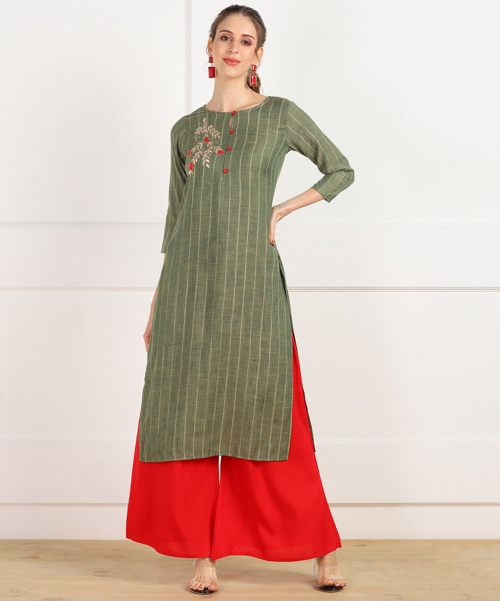 Rayon Self Woven Striped Kurta with Hand Embroidery - Green
