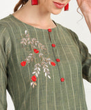 Rayon Self Woven Striped Kurta with Hand Embroidery - Green