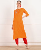 Rayon Self Woven Striped Kurta with Hand Embroidery - Mustard