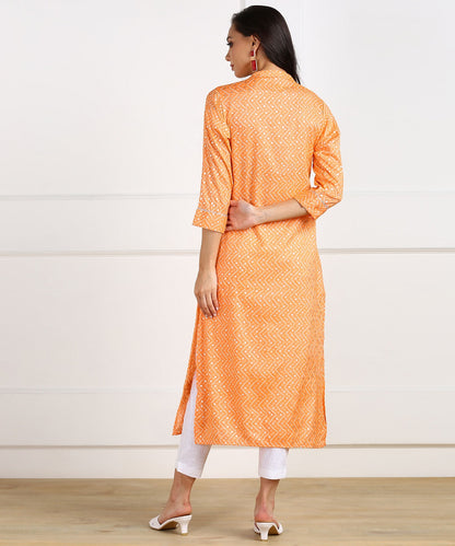 Rayon Chevron Print Aari Embroidered Kurta - Orange
