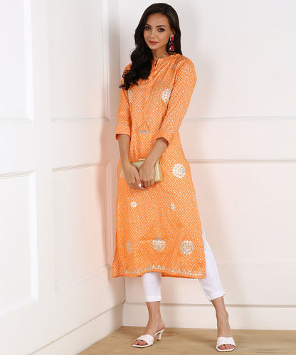 Rayon Chevron Print Aari Embroidered Kurta - Orange