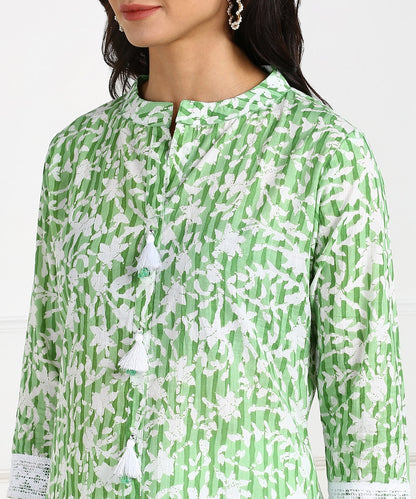 Cotton Floral Print Laced Kurta, Palazzo, Dupatta Set - Green