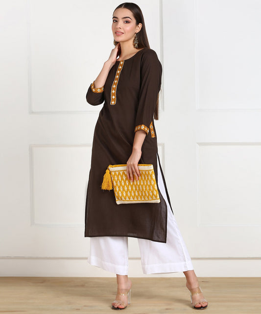 Cotton Solid Embroidered Straight Kurta with Pockets - Brown