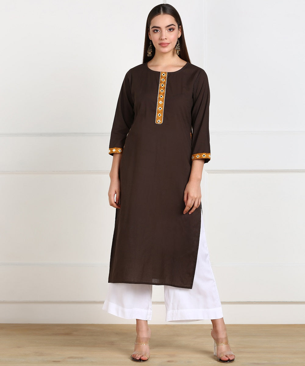 Cotton Solid Embroidered Straight Kurta with Pockets - Brown