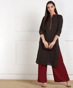 Cotton Solid Minimal Embroidered Straight Kurta - Brown