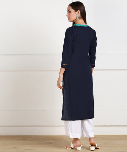 Cotton Solid Minimal Embroidered Straight Kurta - Navy Blue