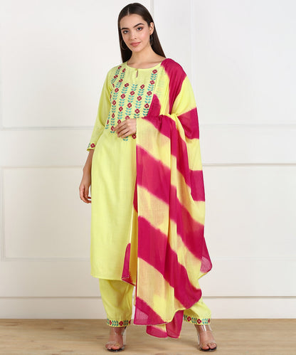 Rayon Slub Thread Embroidered Kurta, Pant, Dupatta Set - Lemon Yellow