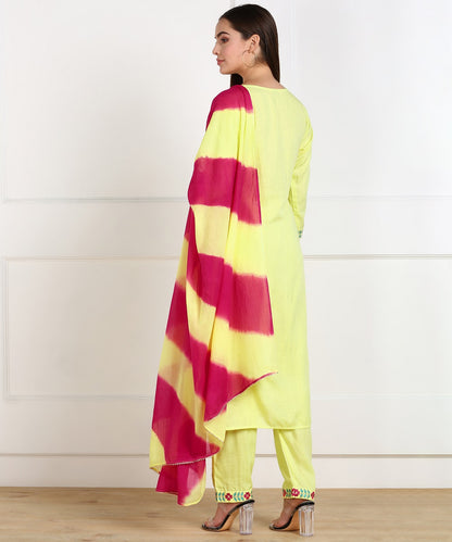 Rayon Slub Thread Embroidered Kurta, Pant, Dupatta Set - Lemon Yellow