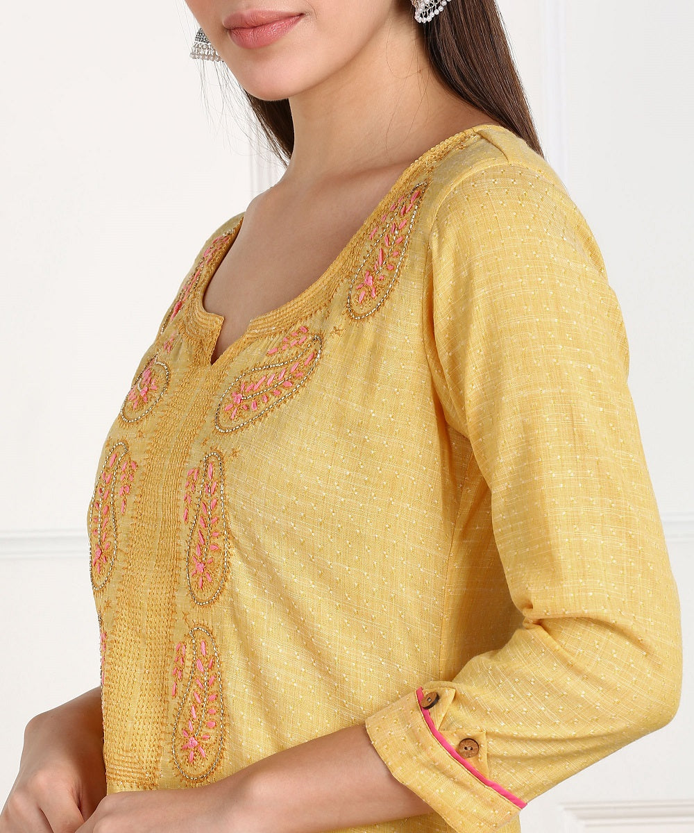 Cotton Self Woven Embroidered Straight Kurta - Yellow