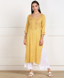 Cotton Self Woven Embroidered Straight Kurta - Yellow