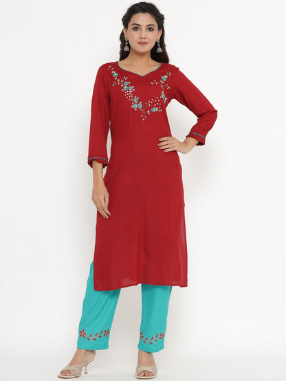 Hand Embroidered Kurta and Pant Set - Maroon
