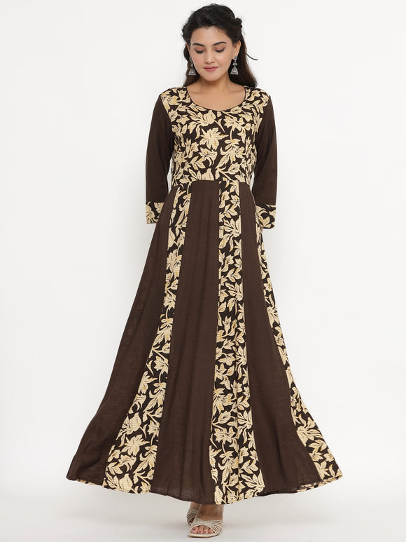 Floral Print Anarakli Maxi Kurta with Shibori Dyed Dupatta - Brown