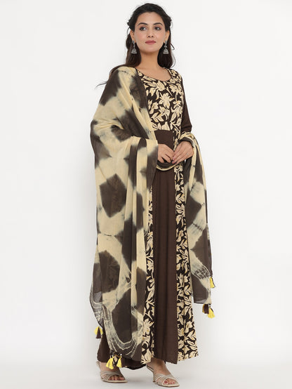 Floral Print Anarakli Maxi Kurta with Shibori Dyed Dupatta - Brown