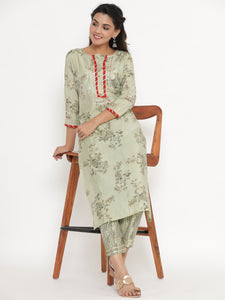 Floral Stripes Print Gota Embellished Kurta and Palazzo Set - Mint Green