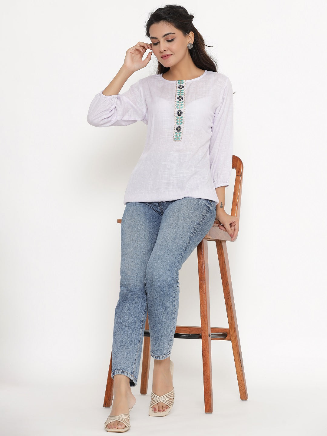 Embroidered Solid Elasticated Top - Pale Blue