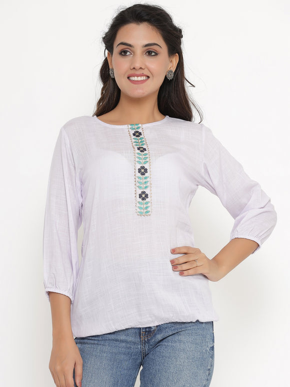 Embroidered Solid Elasticated Top - Pale Blue