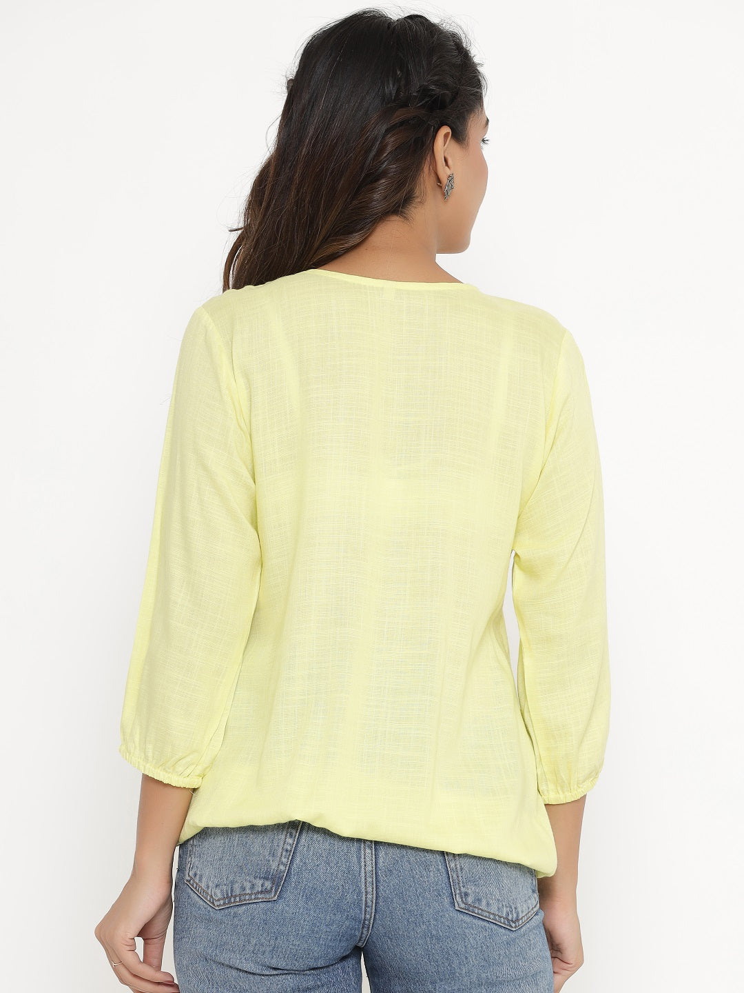 Embroidered Solid Elasticated Top - Lemon Yellow