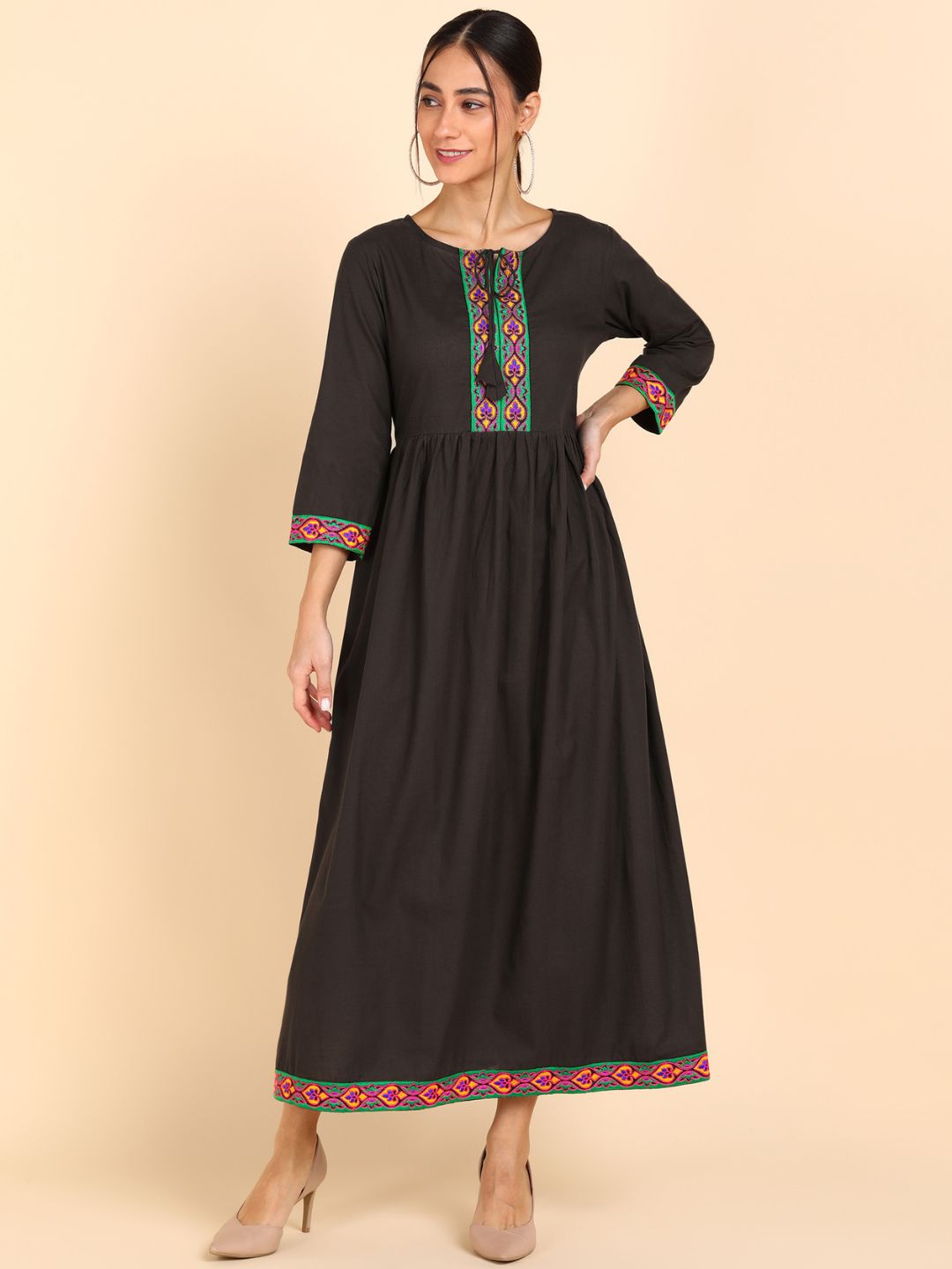 Cotton Embroidered Solid Gathered Waist Maxi Dress - Brown