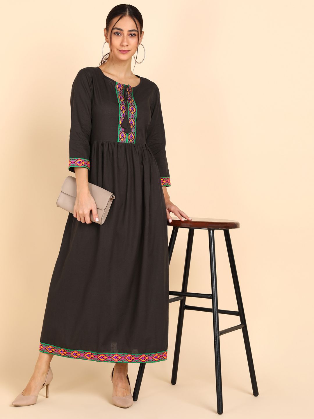Cotton Embroidered Solid Gathered Waist Maxi Dress - Brown