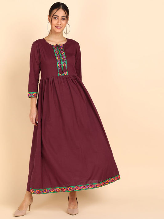 Cotton Embroidered Solid Gathered Waist Maxi Dress - Maroon