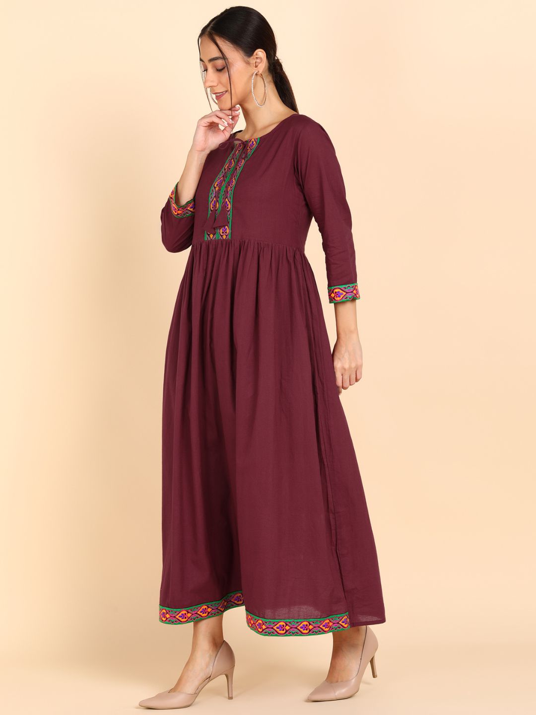 Cotton Embroidered Solid Gathered Waist Maxi Dress - Maroon