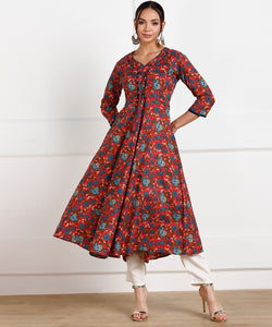 Floral Print Flared Kurta with attached Jacket - Pink