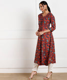 Floral Print Flared Kurta with attached Jacket - Pink