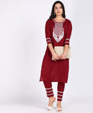 Solid Thread Embroidered Straight Kurta Pant Set - Maroon