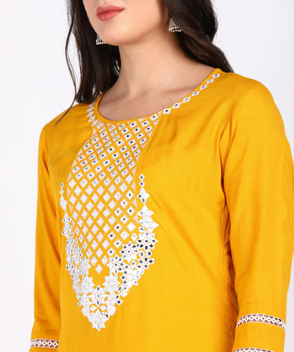 Solid Thread Embroidered Straight Kurta Pant Set - Mustard