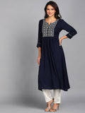 Zari Embroidered Pleted Kurta - Navy