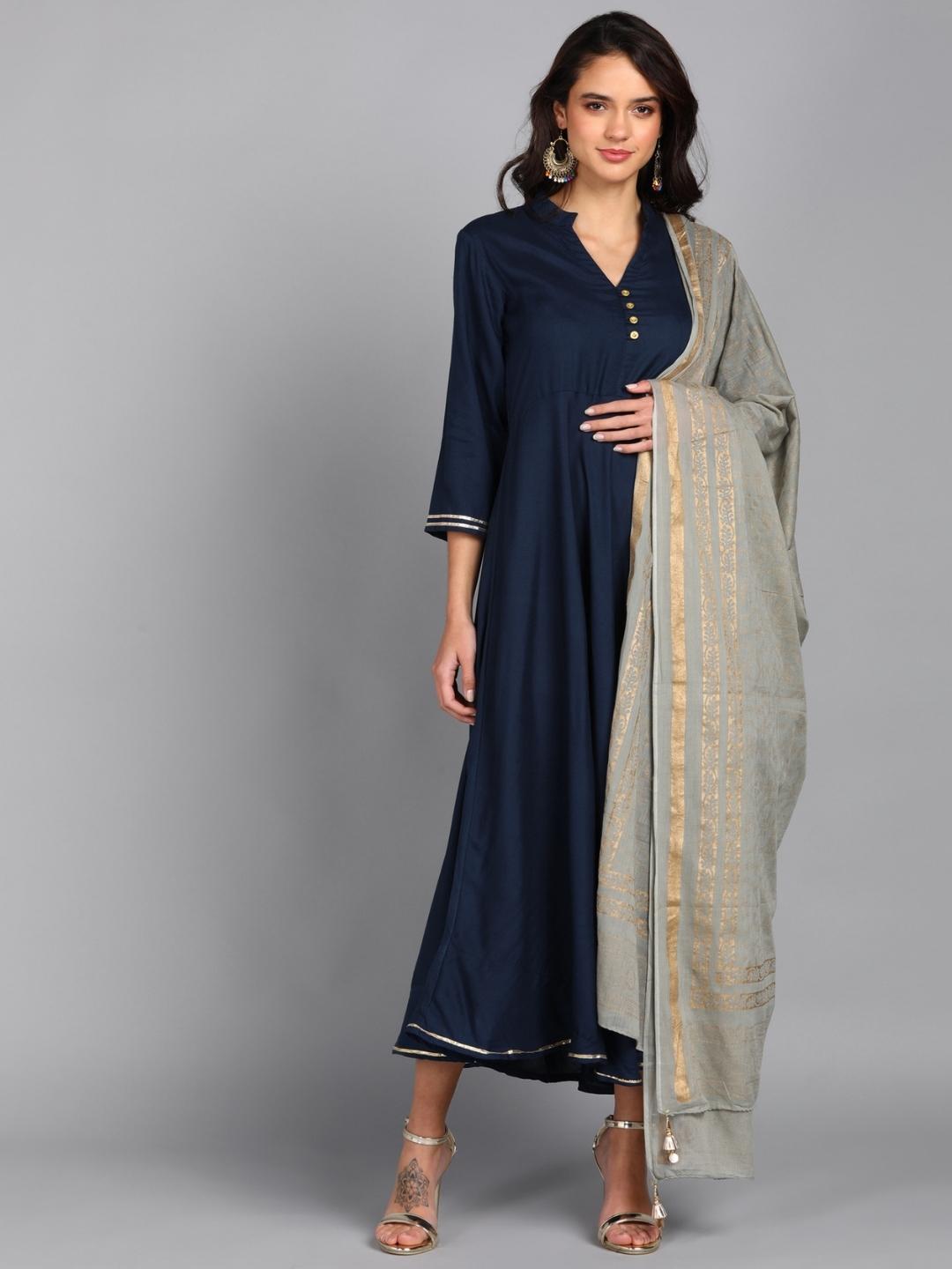 Solid Maxi Dress with Ethnic Dupatta - Navy-Grey