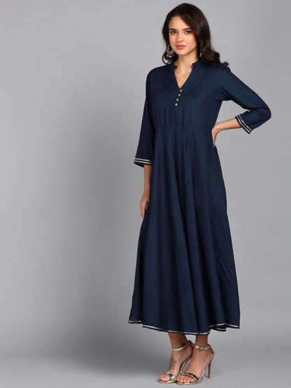 Solid Maxi Dress with Ethnic Dupatta - Navy-Grey