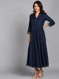 Solid Maxi Dress with Ethnic Dupatta - Navy-Grey