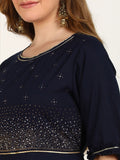 Embellished Flared Solid Kurta - Navy Blue
