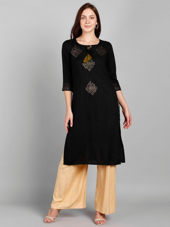 Rayon Embellished Solid Kurta - Black