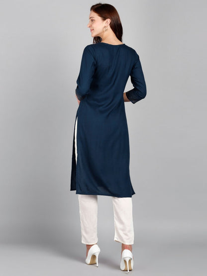 Rayon Embellished Solid Kurta - Blue